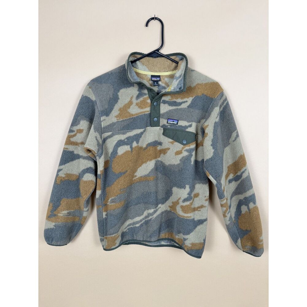 Patagonia Synchilla Kids Fleece Snap T Pullover Camo Print Green Brown XL 14